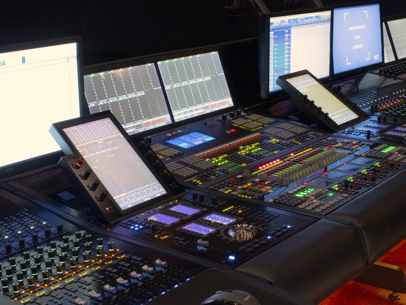 A sound re-recording mixing console in a dubbing theatre at Twickenham Film Studios' award-winning audio post-production facilities